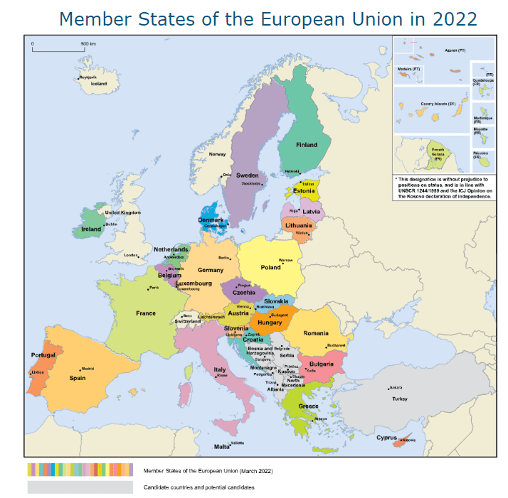 Map of the member states of the EU in 2022, including the potential candidate countries. 